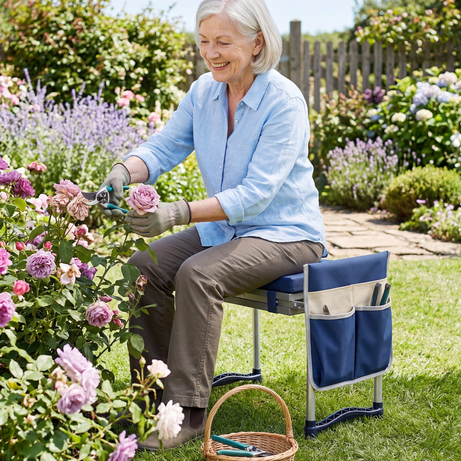 Costway Garden Kneeler and Seat, Foldable Gardening Stool with Wide EVA Foam Padding Navy