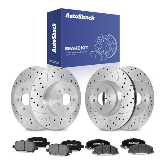 AutoShack Front Vented & Rear Solid Drilled & Slotted Silver Zinc Coated Brake Rotors   Ceramic Pads 12-PC Brake Kit Replacement for 2010 Chevrolet Impala SilverShield Pro