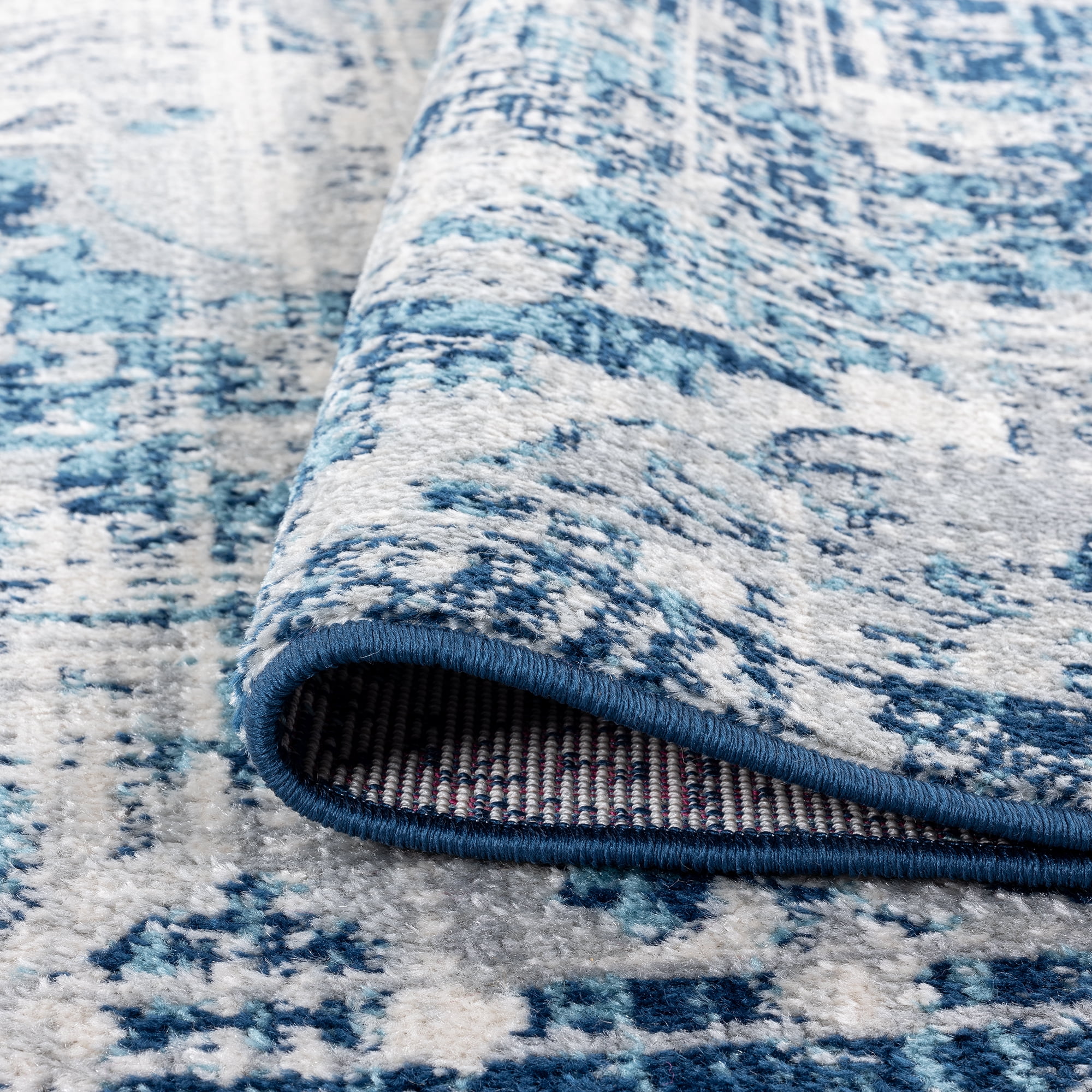 Diamond Traditional 4' x 5' Blue and Cream Polypropylene Indoor Area Rug
