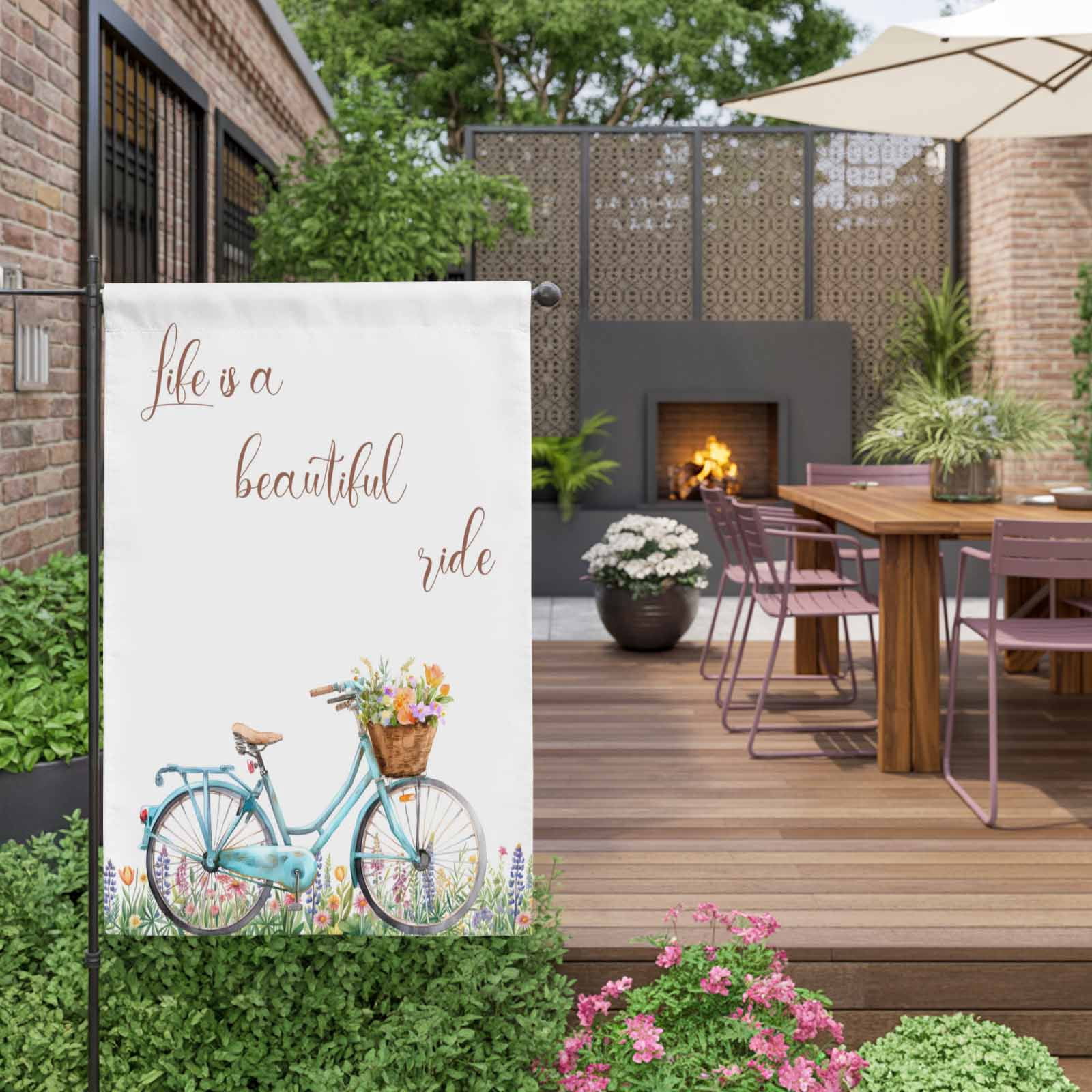 Life Is A Beautiful Ride House Flag 28 x 40 Inches, Pastoral Bikes Flower Field Leaves Weather Proof Outdoor Patio Flags Double Sided Small House Decoration for Yard Lawn Outside Home