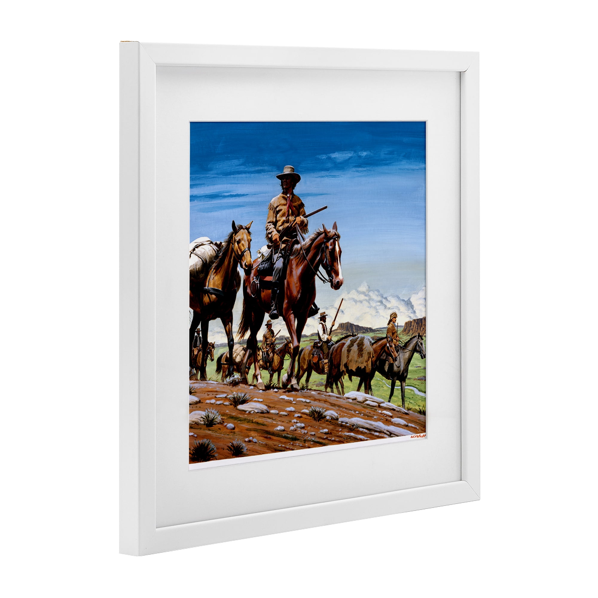 Santa Fe Trail Cowboys White Framed Print Under Glass, design by Wind River Studios
