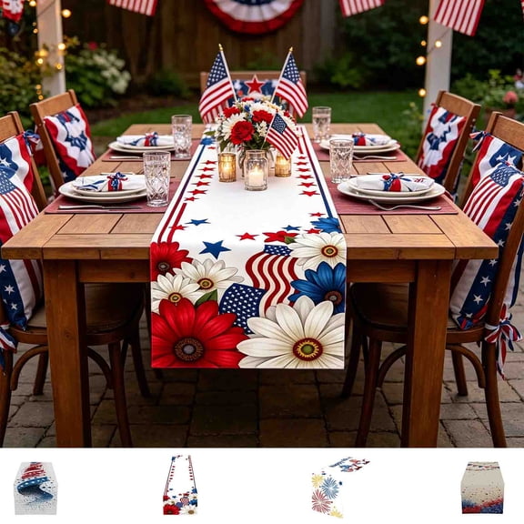 Memorial Day Saving!4th of July Decorations, Independence Day Table Flag Red White Blue Star Striped Floral Print Dining Table Decoration