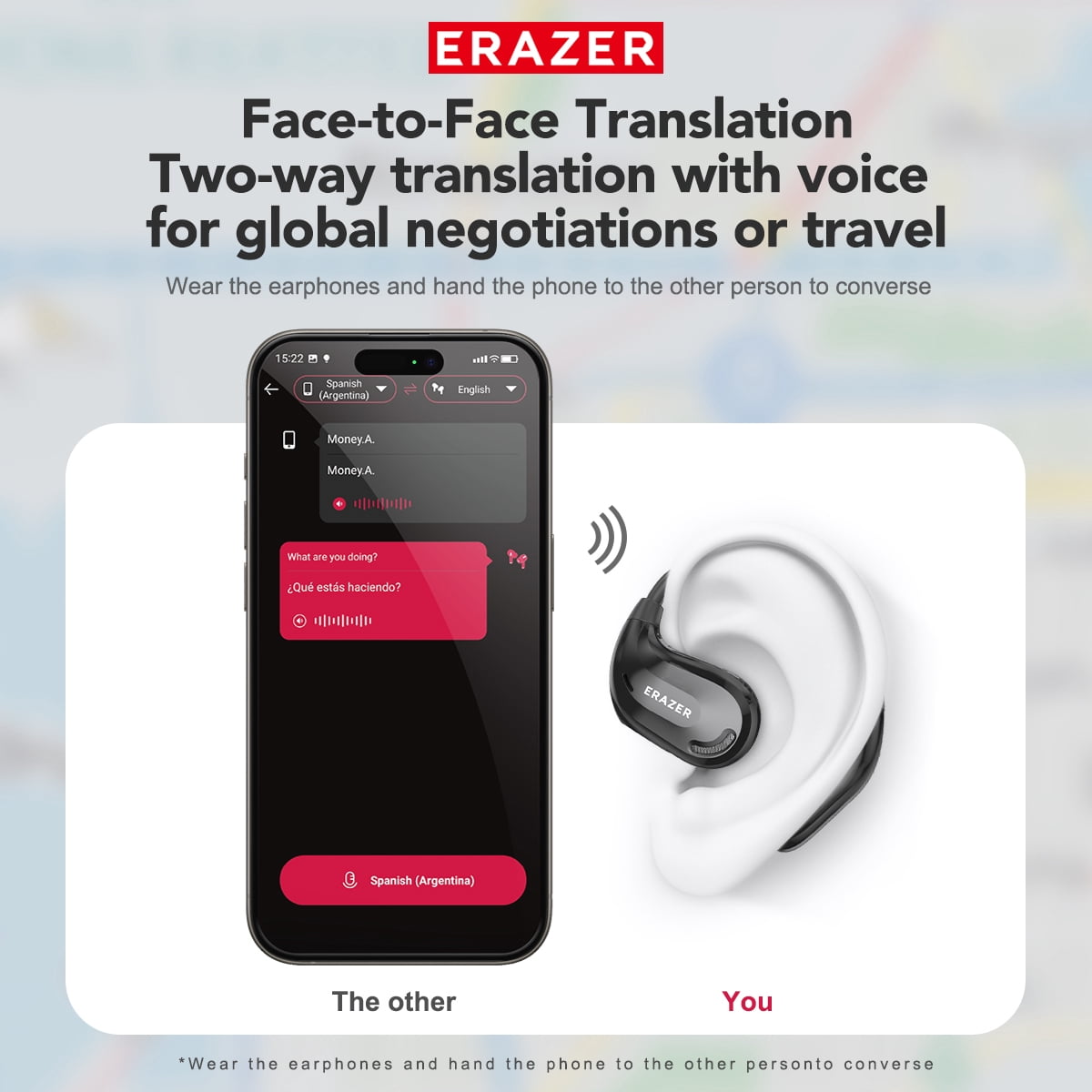 ERAZER XT66PRO Bluetooth 6.0 Wireless Open-Ear Headphones, AI Translator, Noise-Cancelling Earbuds, 130+ Languages, IPX5 Waterproof, Black