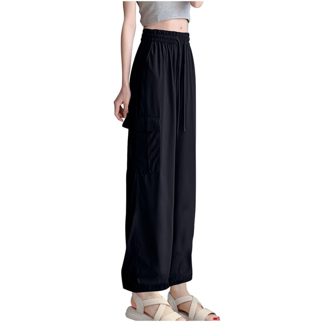 AherBiu Pantalon Cargo Femme Taille Haute à Cordon, Pantalon Ample de Randonnée, Pantalon Décontracté d'Extérieur avec Poches