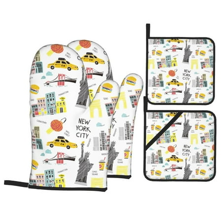 

Oven Mitts and Pot Holders 4 pcs Set New York Heat Resistant Pot Holders Oven Mitts for kitchen Non-Slip Hanging Loop Oven Glove Potholders for Baking Cooking