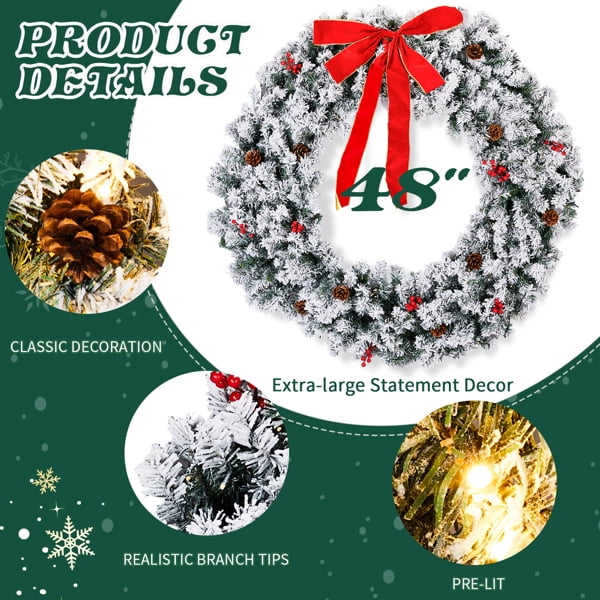 Alvantor 48 in Pre-Lit Snow-Flocked Christmas Wreath, 150 Warm White LED Lights, 450 PVC Tips, Remote Control, DIY Ornaments, Snowy Green