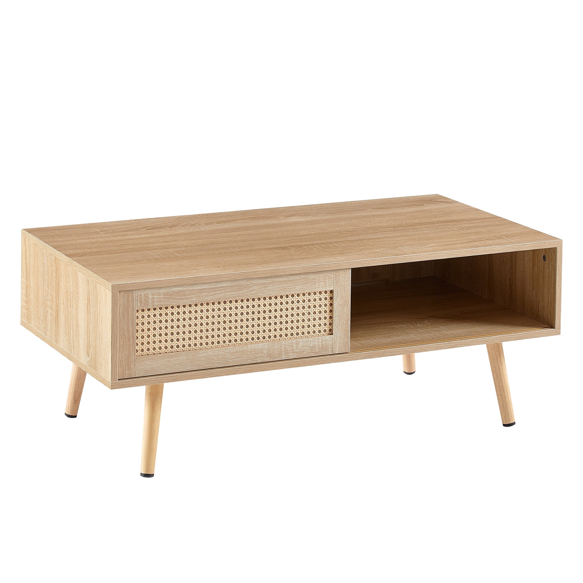 PAPROOS Rattan Coffee Table with Sliding Storage Door, Solid Wood Legs - Ideal for Living Rooms, Natural