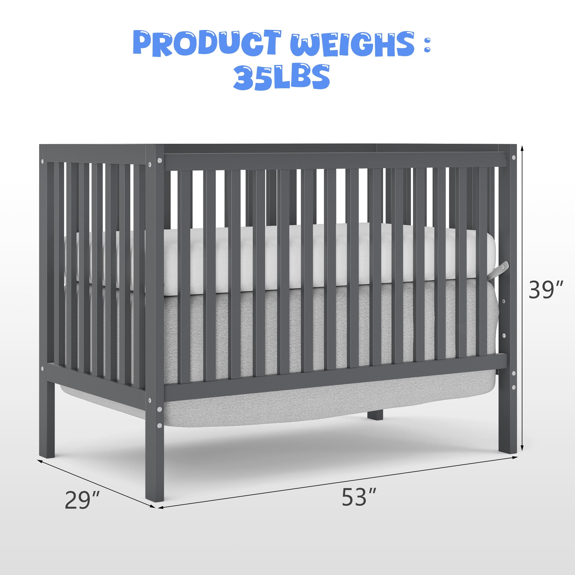 Baby Convertible Crib 5-In-1, New Zealand Pinewood Baby Bed, Crib With 3 Height Adjustment, Non-Toxic Finish, No Conversion Kit Included, Gray