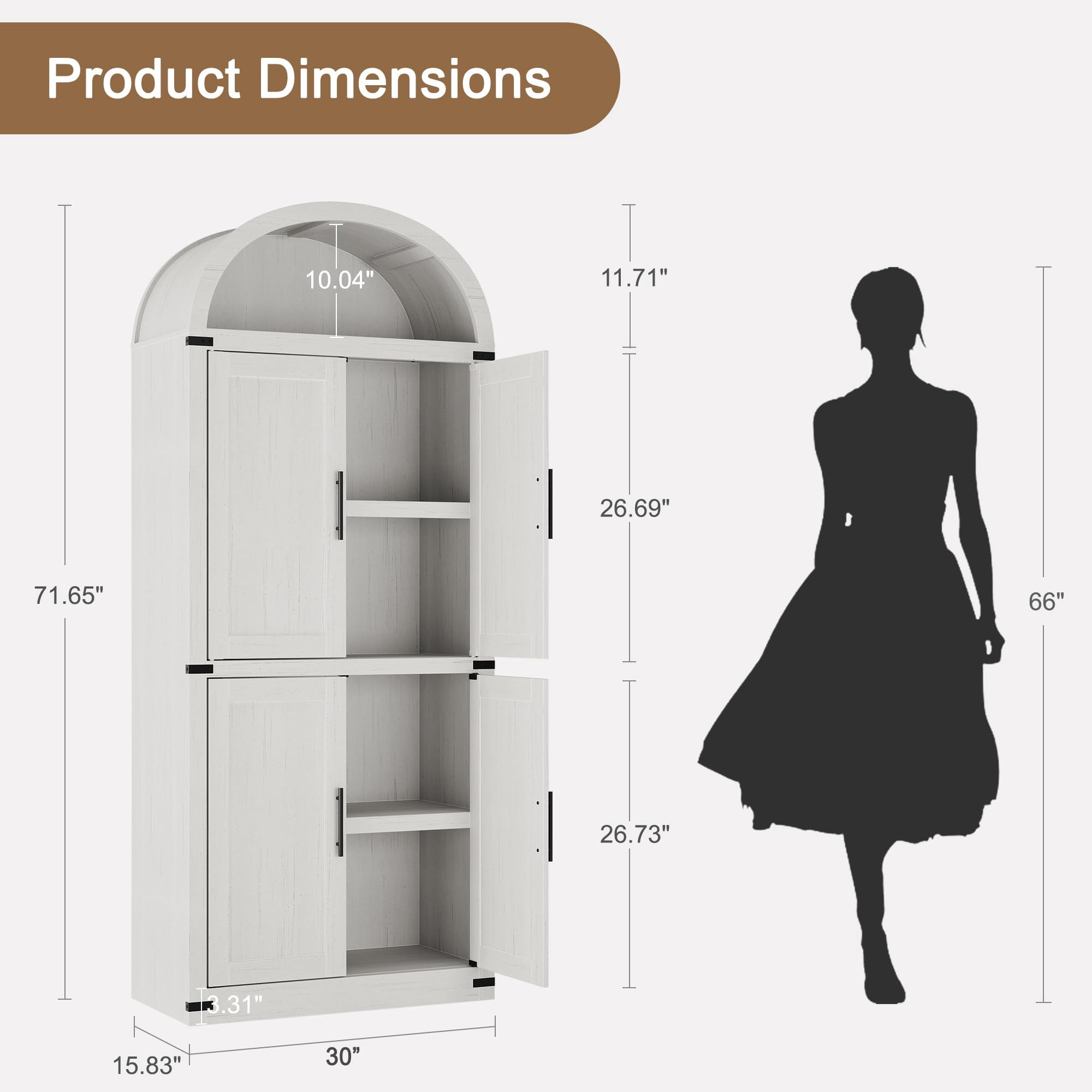 Yeshouse 71.6" Arched Bookcase Cabinet, 5-Tier Pantry Storage, Large Bookshelf with Doors