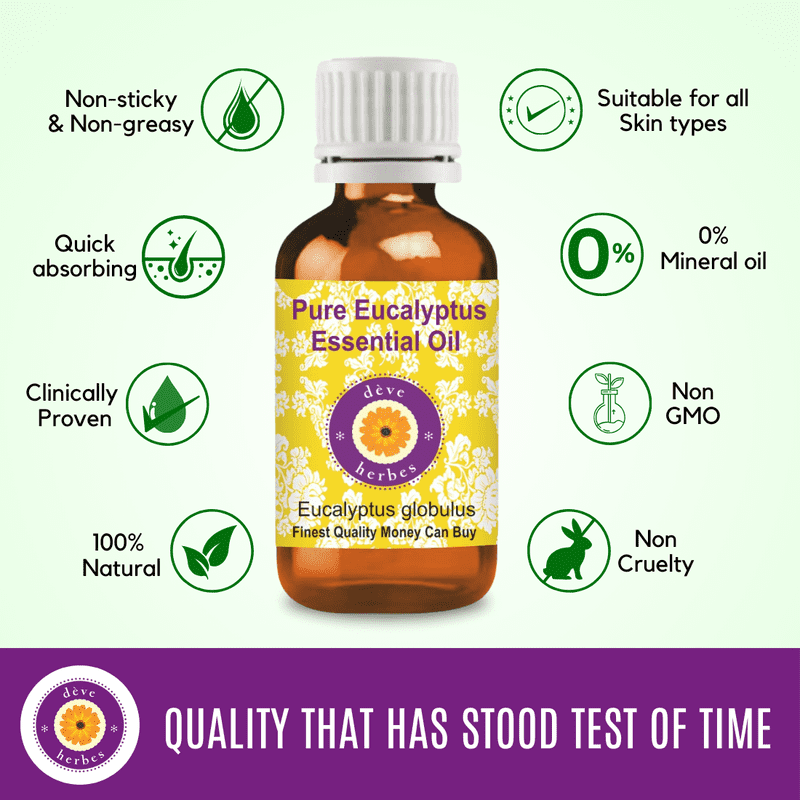 Deve Herbes Eucalyptus Essential Oil (Eucalyptus Globulus) - 3.38 Fl Oz (100ml) - 100% Natural Eucalyptus Oil - for Steam Inhalation, Congestion Relief & Aromatherapy - without Dropper