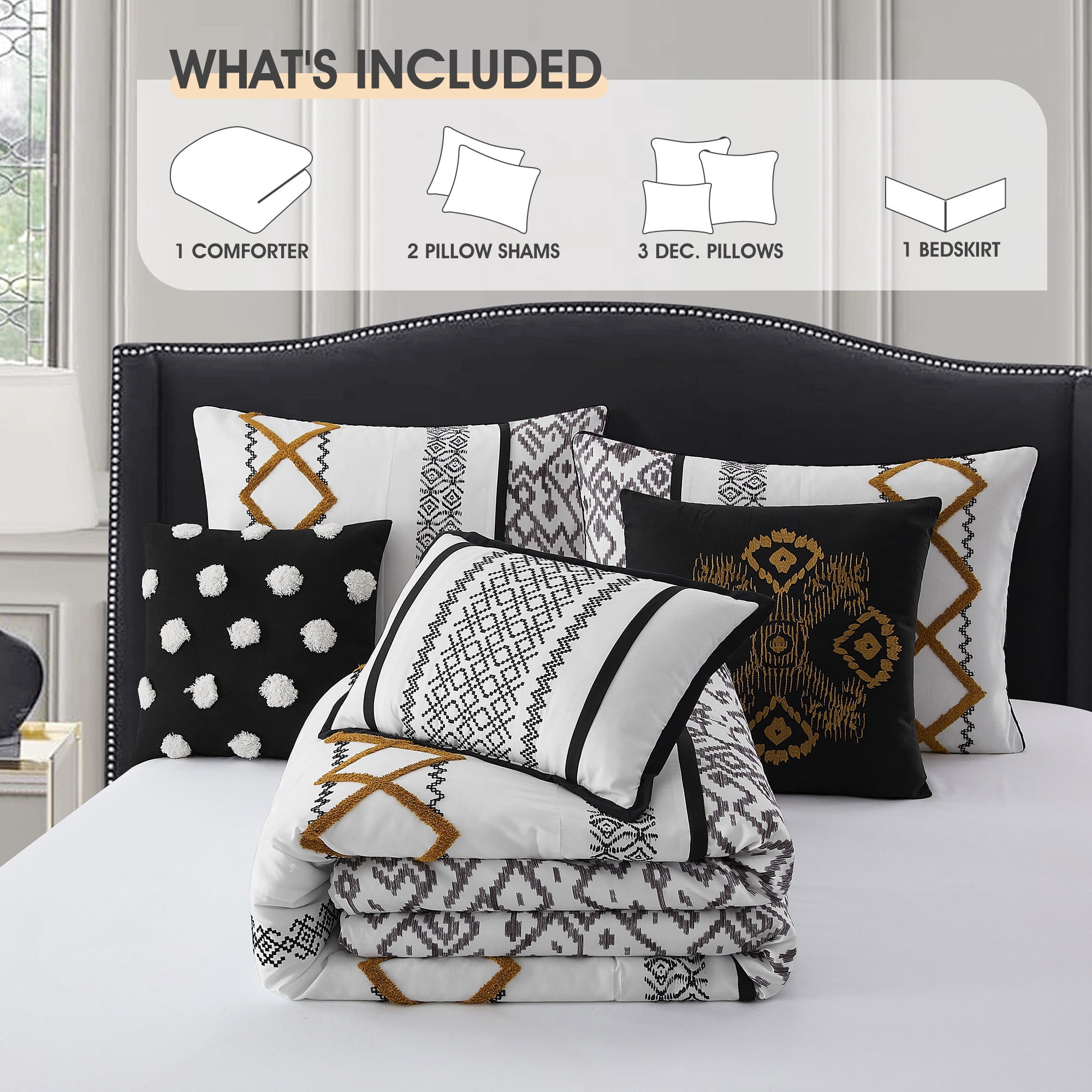 Lanco Luxury Black Gold Comforter Set Queen Size , 7 Piece Terry embroidery, All Season Bedding Set