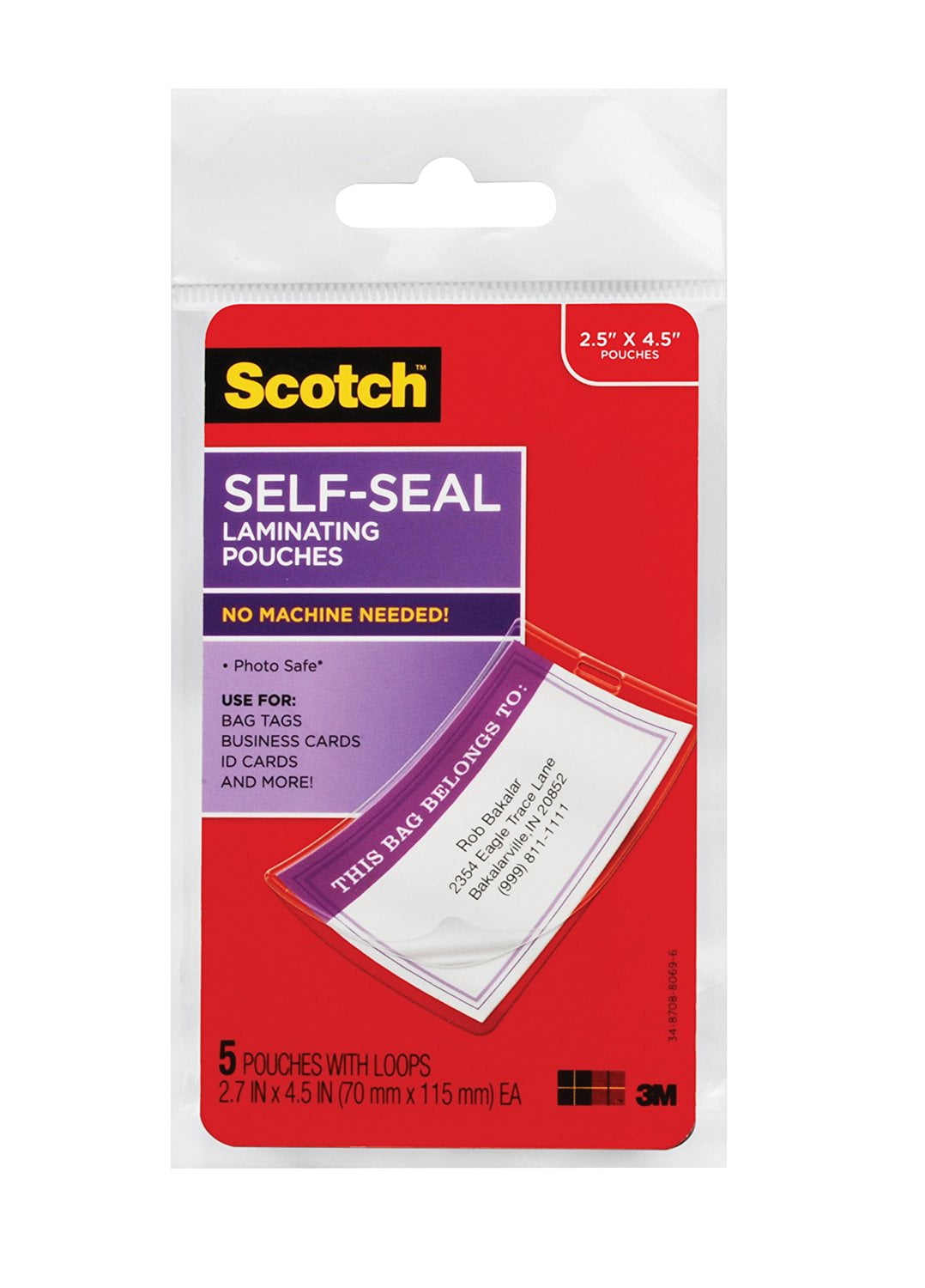 Scotch SelfSealing Laminating Pouches, Bag Tags with Loops, Glossy, 5