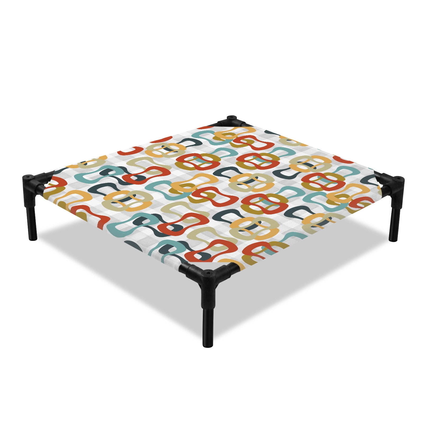 Colored Rings Elevated Dog Bed Abstract Retro Colorful Ring Grey Plaid Cooling Breathable Outdoor Raised Dog Cot Bed with Metal Frame Non-Slip Feet for Small Dog 20x20in