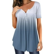 Scyoekwg Womens Tunic Tops Summer Short Sleeve Hide Belly Shirts Casual Dressy Round Neck Pleated Tunic Shirts Gradient Color Looses Blouse Tee (#A=Light Blue,L)