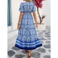 thumbnail image 2 of Womens Blue & White Floral V-Neck Waist-Gathered A-Line Flare Sleeve Maxi Dress, Spring Summer Casual Vacation, 2 of 8
