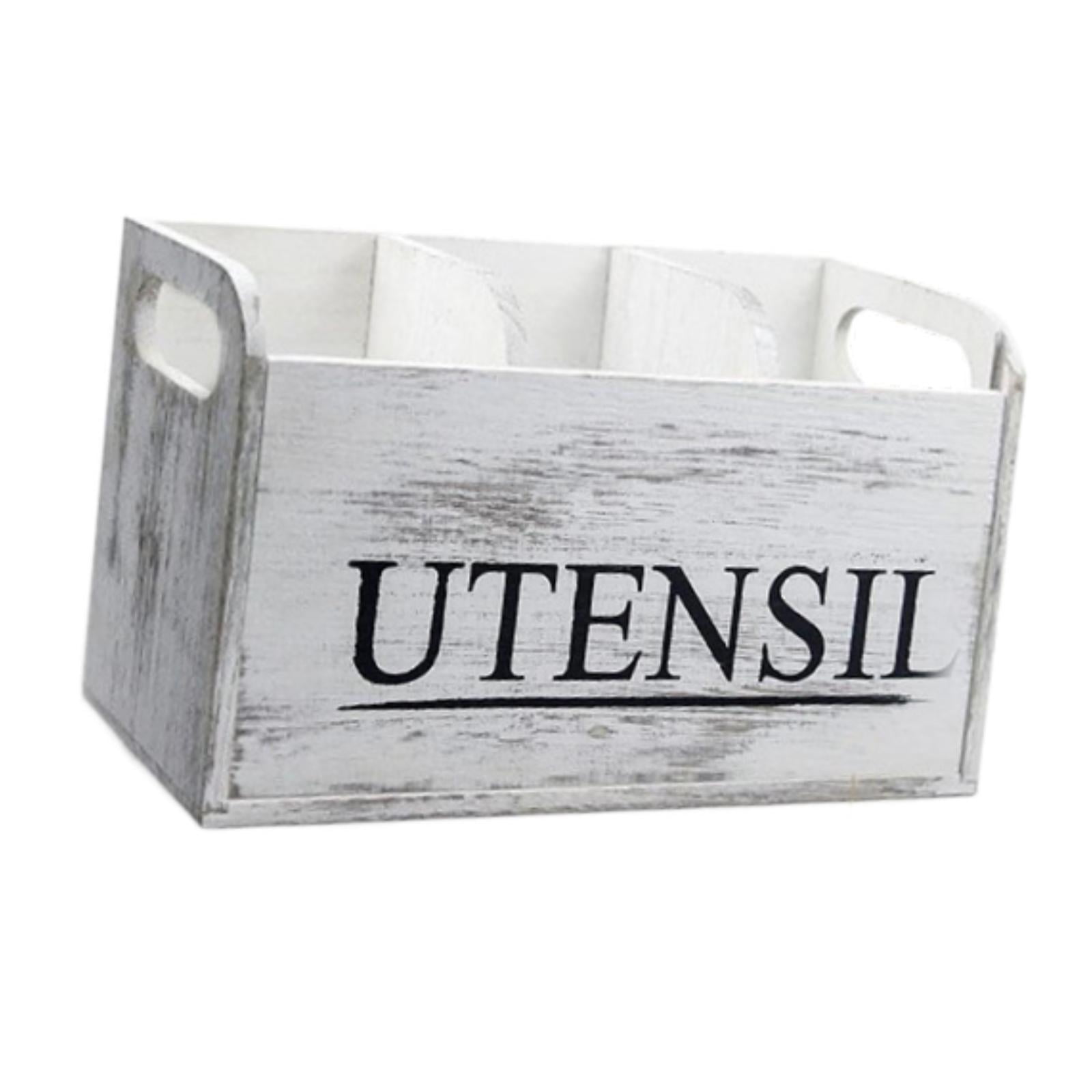 Fiocias White Wooden Utensil Holder with 3 Compartments Cutlery Holder Utensil Organizer