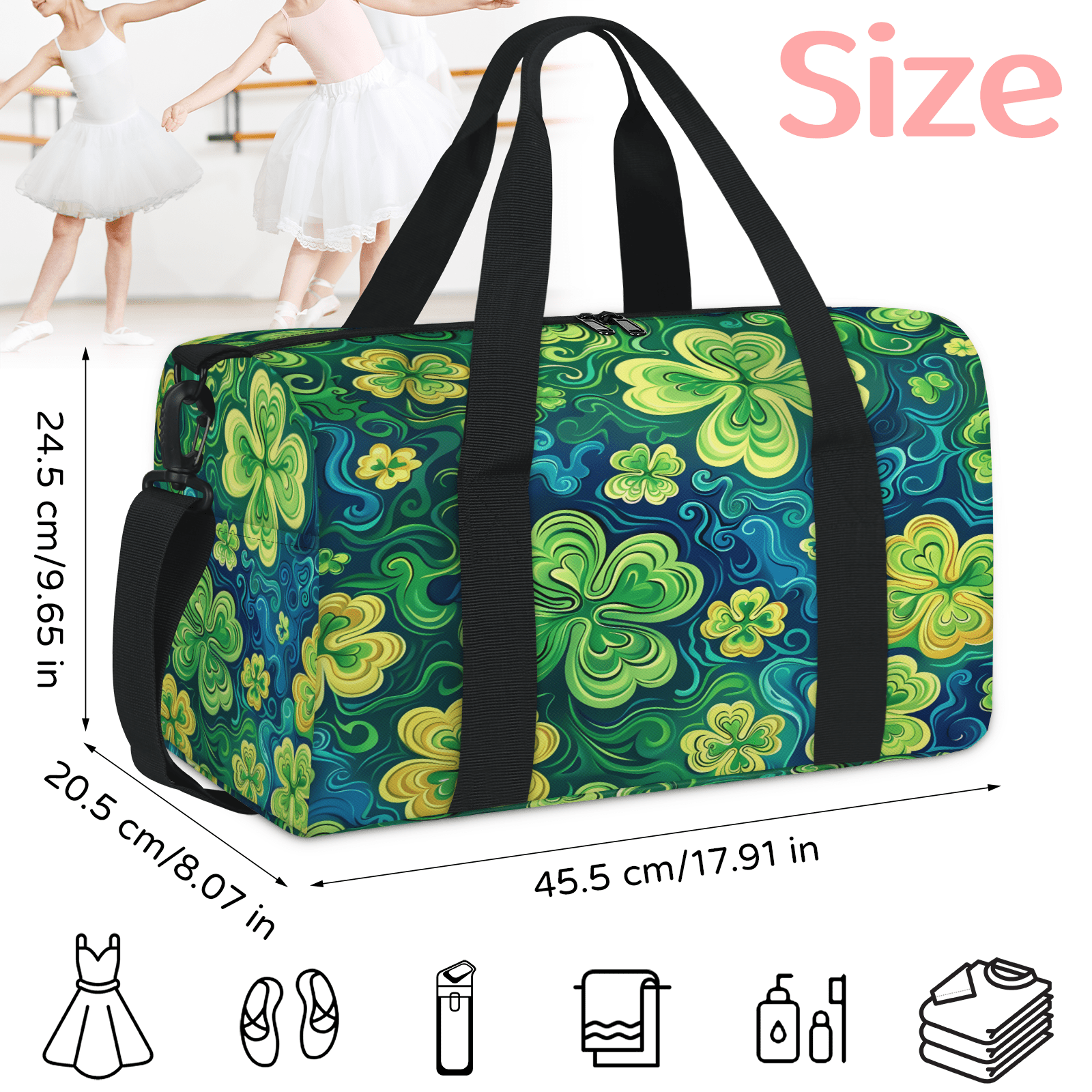 Herdesigns St Patricks Day Gym Bag for Women, Duffle Bag for Travel Sport, Lucky Clover Shamrock Lightweight Waterproof Carry on Weekender Dance Yoga Workout Bags