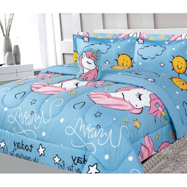 Juego de edredón y sábanas con estampado de unicornio n.° 4 en azul ...