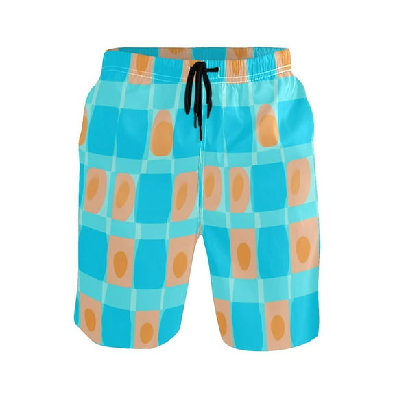 Blue Background Squares Pattern Small Size Men's Lightweight Beach Shorts with Mesh Lining, Quick Dry