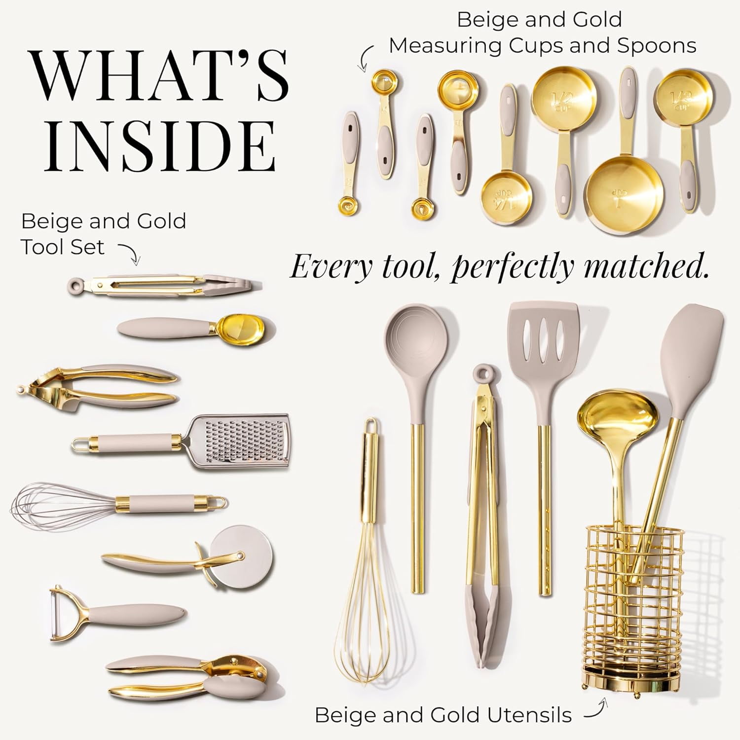 Styled Settings 23-Piece Gold and Beige Kitchen Utensils Set – Silicone Nonstick Cooking Tools with Measuring Cups, Garlic Press, Can Opener, and Utensil Holder