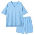 thumbnail image 3 of SGFCWSX Girls 2 Piece Outfits V Neck Oversized Short Sleeve T-shirt and Biker Shorts Set Summer Casual Soft Loungewear for Kids Light Blue Size 9, 3 of 6