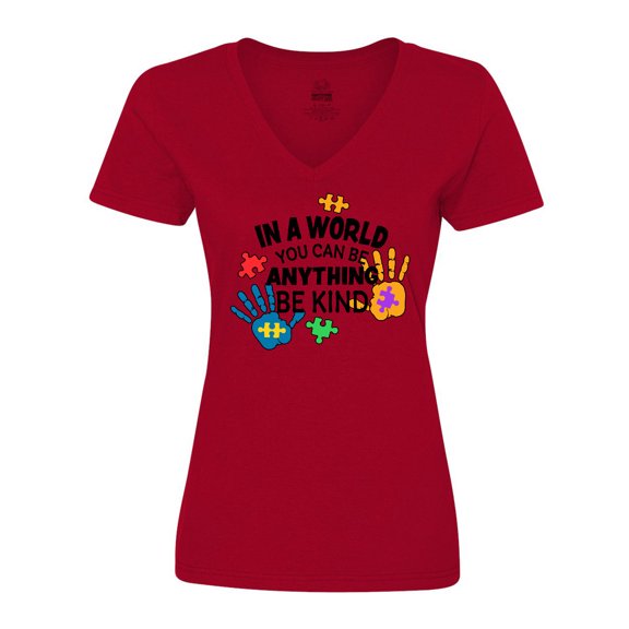 Inktastic In a World You Can Be Anything Be Kind Autism Awareness Women's V-Neck T-Shirt