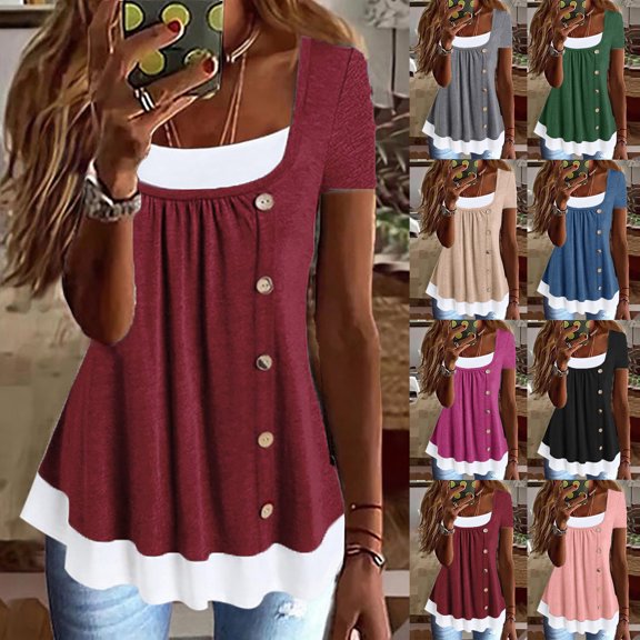 Jacenvly 2024 short sleeve summer shirts for women clearance Leisure Womens Summer Casual Solid Color Round Neck Tops Loose Blouses Quick drying Ruffle Trim FlounceSquard-Neck plus size tops Black