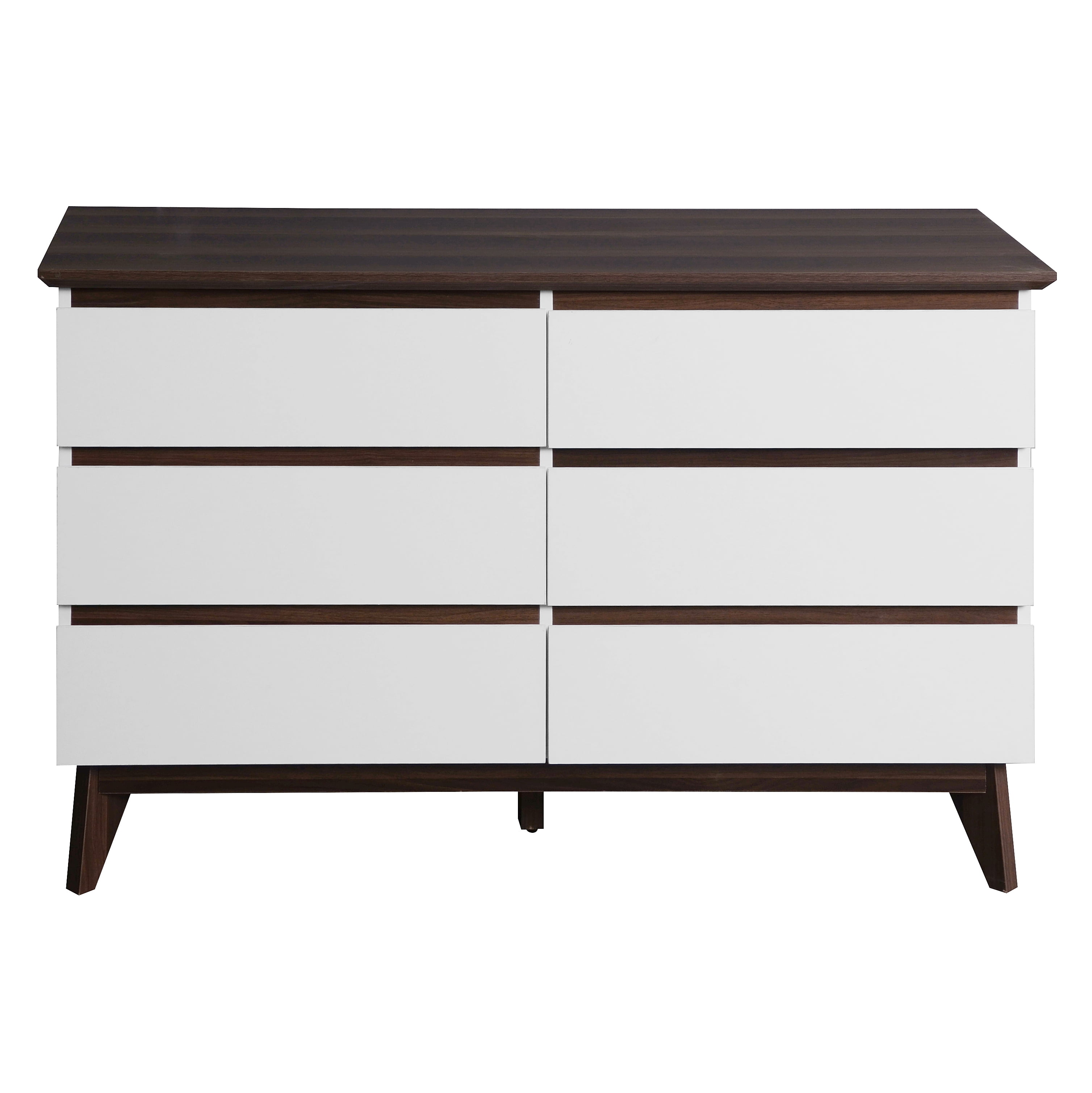 MAYEERTY 6-Drawer Wide Storage Cabinet, Modern Chest of Drawers for Bedroom, Living Room, White & Walnut