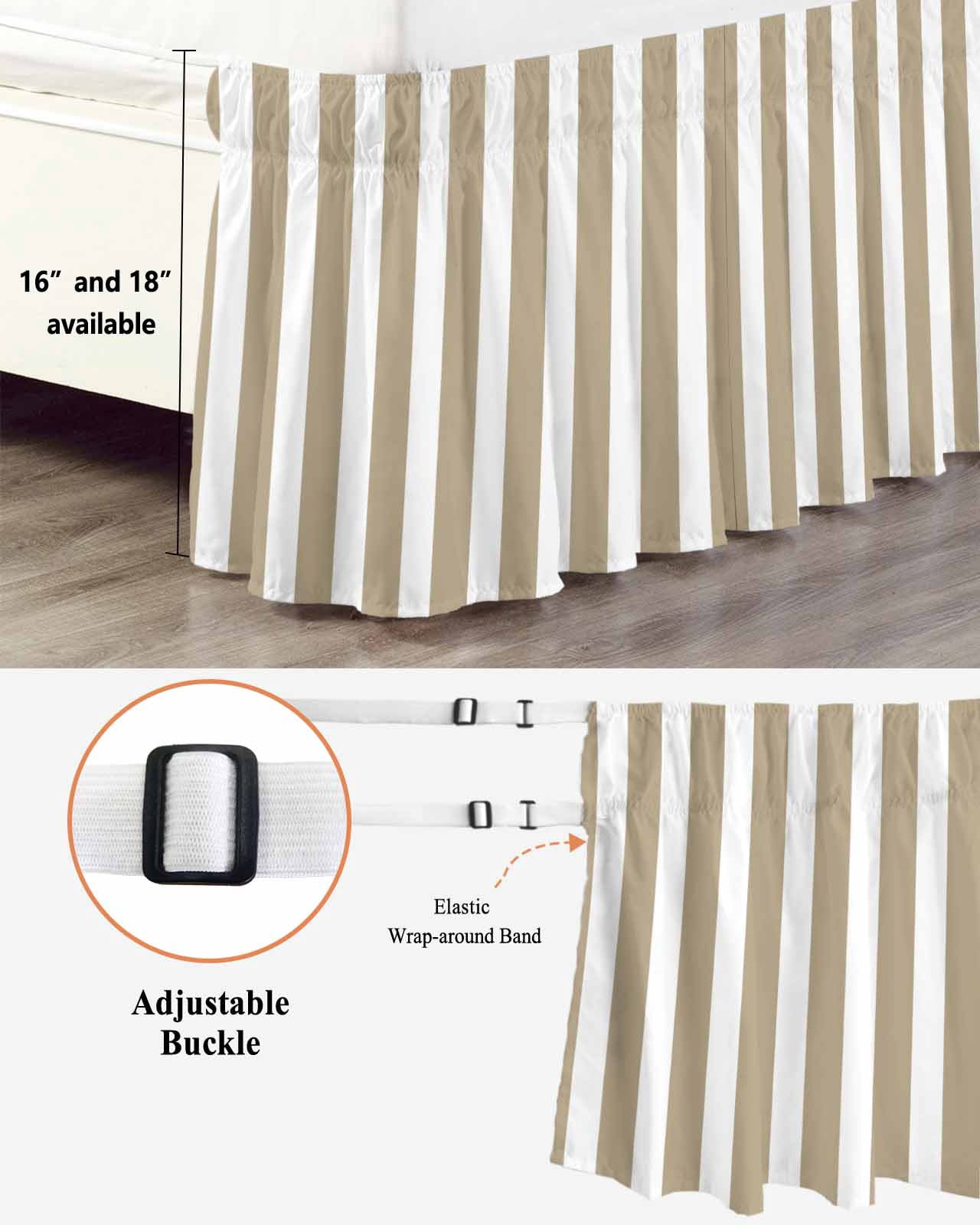 Beige Striped Bed Skirt Queen Size, Modern Farmhouse Beige White Stripes Wrap Around Bed Skirting with Adjustable Elastic Strap, Dust Ruffle Pleated Bedskirts 18 Inch Drop for Bedroom Queen Beds