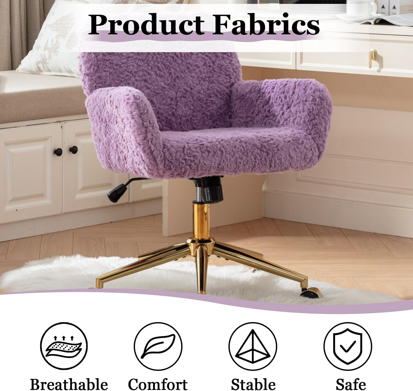 JESTOP Furry Cute Office Chair, Modern Swivel Desk Chair with Wheels, Adjustable Makeup Vanity Chairs with Back, Upholstered Rolling Chairs for Vanity Makeup Room Study Indoor
