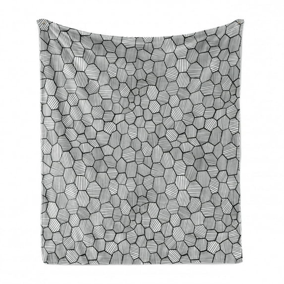 Geometric Soft Flannel Fleece Blanket, Hand-Drawn Sketch Deformed Hexagon Shapes Inspired from Honeycomb Structure, Cozy Plush for Indoor and Outdoor Use, 50" x 60", Black and White, by Ambesonne