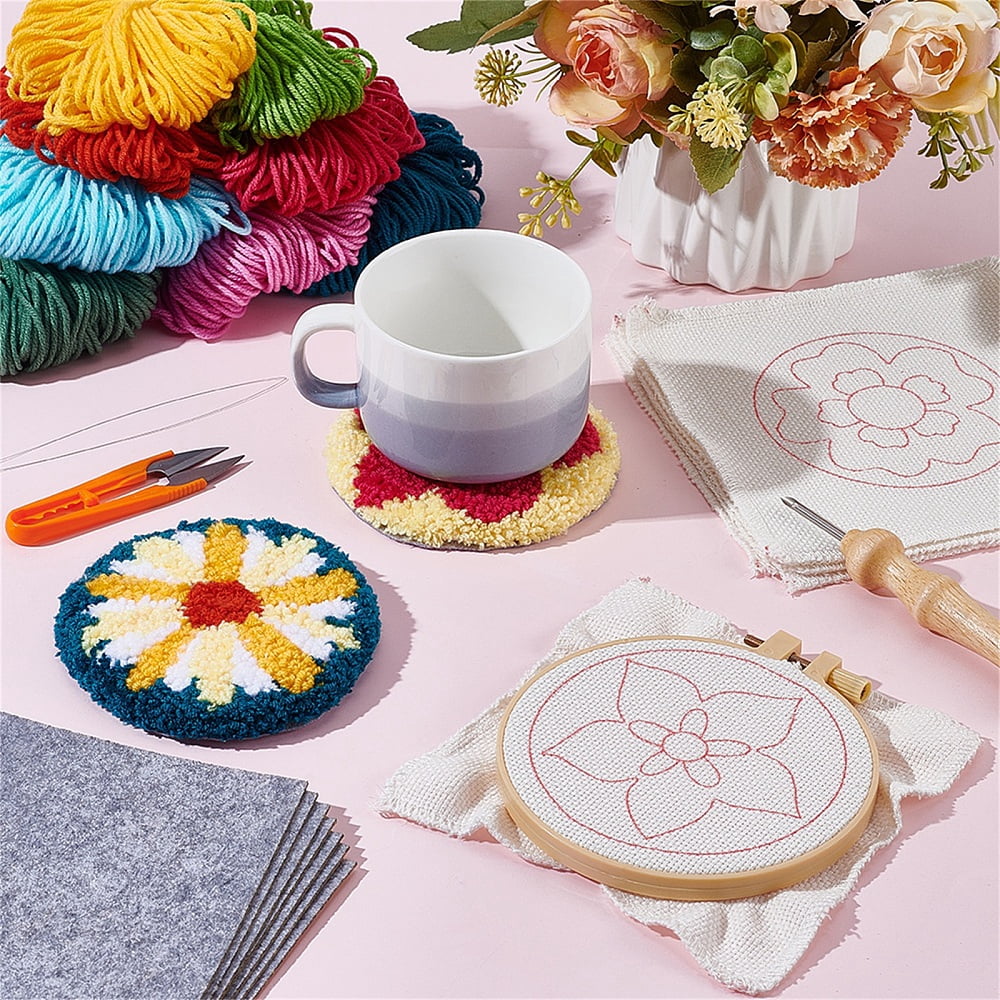 8Pcs 8 Styles DIY Polyester Coaster Punch Embroidery Starter Kits Including Threads Flat Round 12mm 1pc/style