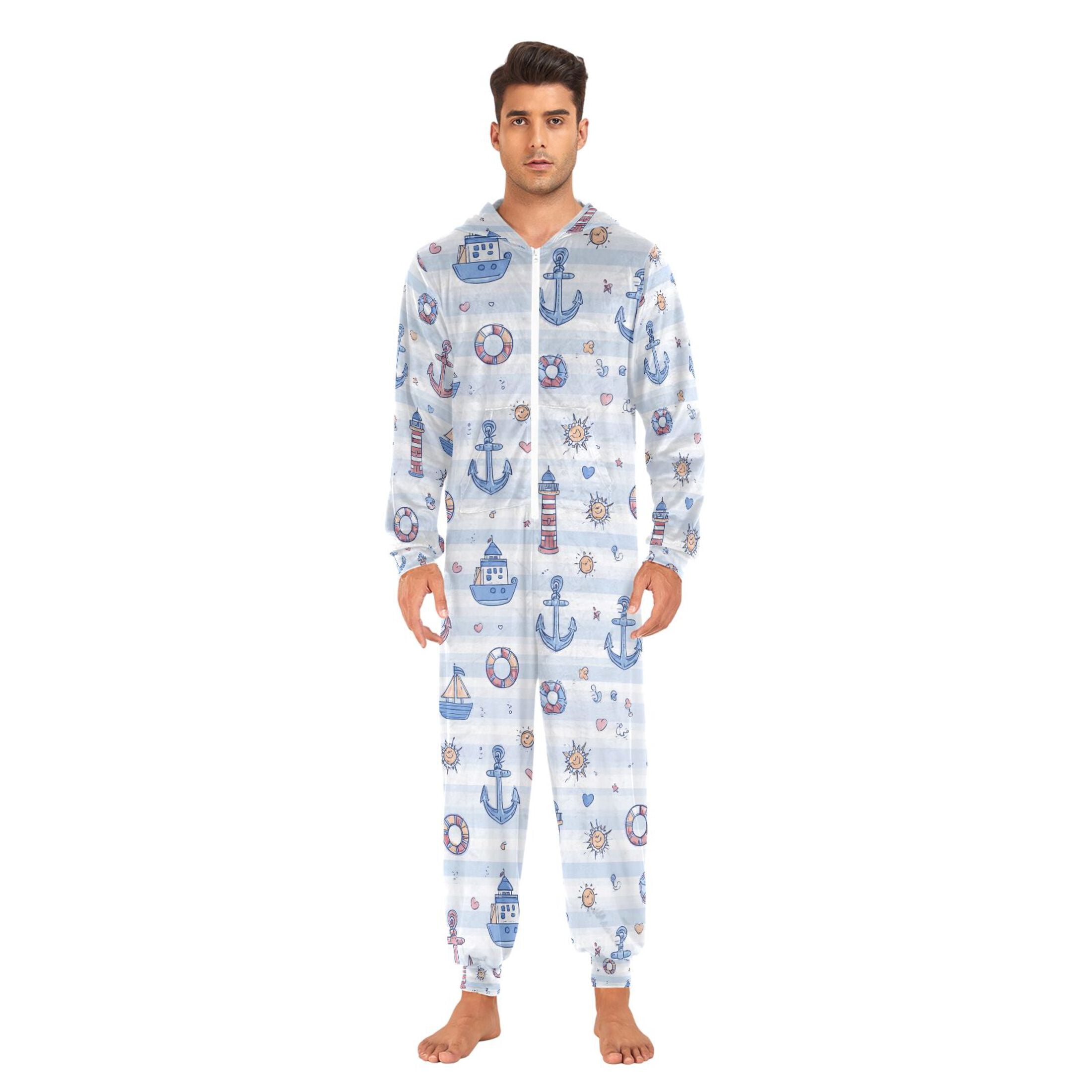 Adult Christmas Onesie Anchor and Lighthouse Adult Zipper One-Piece Pajamas Unisex Pajamas with Pockets