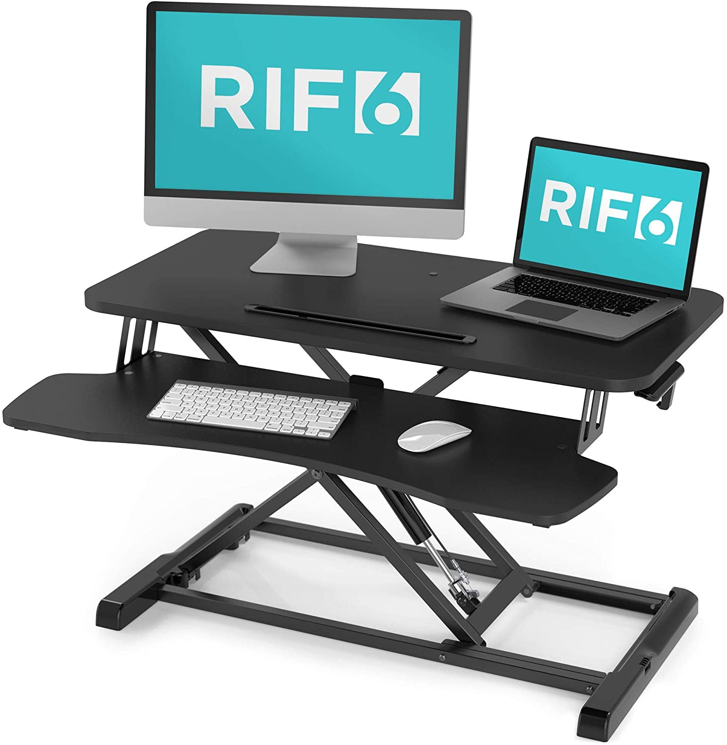 RIF6 Adjustable Height Standing Desk Converter - 32 Inch Wide Laptop Riser  or Dual Monitor Workstation - Easily Sit or Stand with Gas Spring Lift - 
