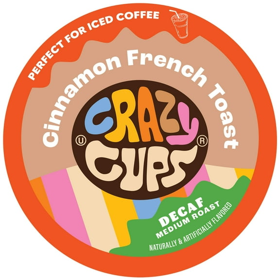 Crazy Cups Decaf Flavored Coffee Pods, Decaffeinated Cinnamon French Toast Flavored Coffee, Single Serve Hot or Iced Medium Roast Coffee for Keurig K Cups Machines(Pack of 1, 22 Count Total)