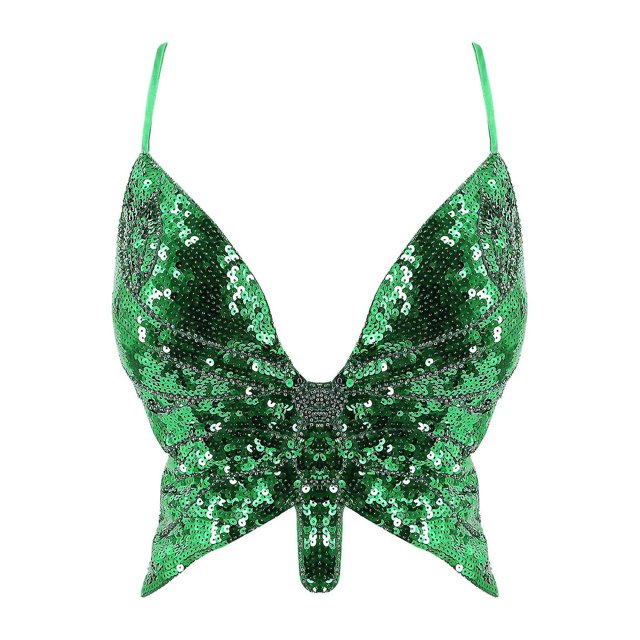 Y2k Butterfly Sequin Crop Top Women Summer Backless V Neck Sexy Club Costume Outfits Festival Clothes New Bandage Bra Tops 2022One Size