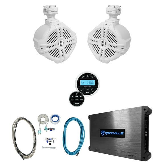 Rockville Bluetooth Receiver 6.5" White Marine Wakeboard Tower Speakers Amp Kit