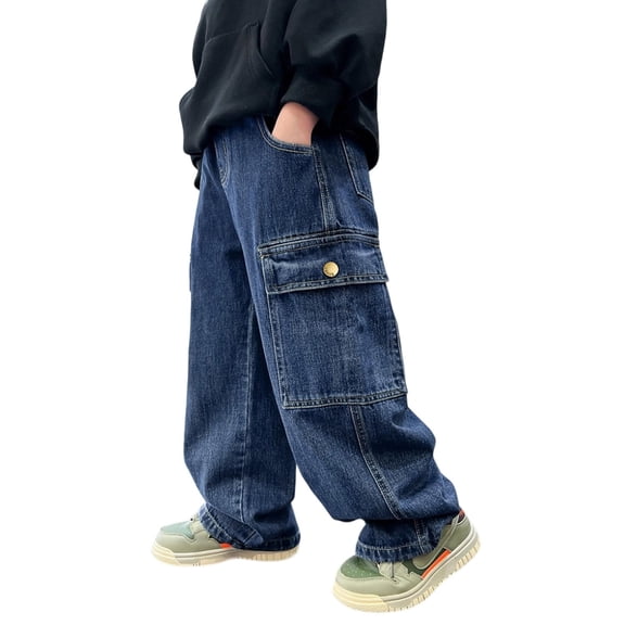 KVPLBQFD Boys Elastic Waist Jeans Kids Straight Leg Baggy Casual Denim Pants Blue Loose Fit Cargo Trousers for Teens Boy Summer Clothes