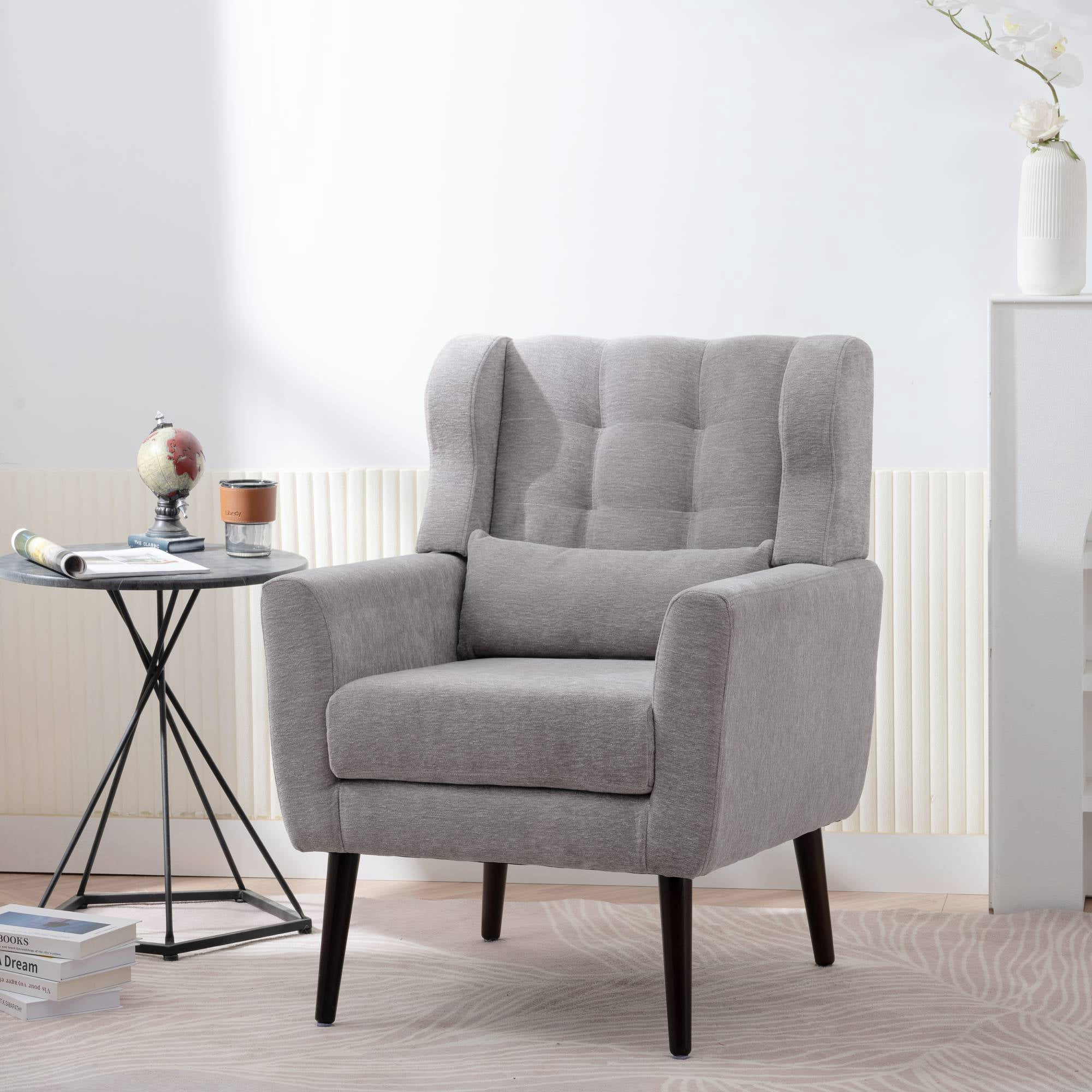 Modern Accent Chair Mid Century Armchair Reading Chair, Upholstered Tufted Side Chair with Wingback , Waist Pillow for Living Room, Grey