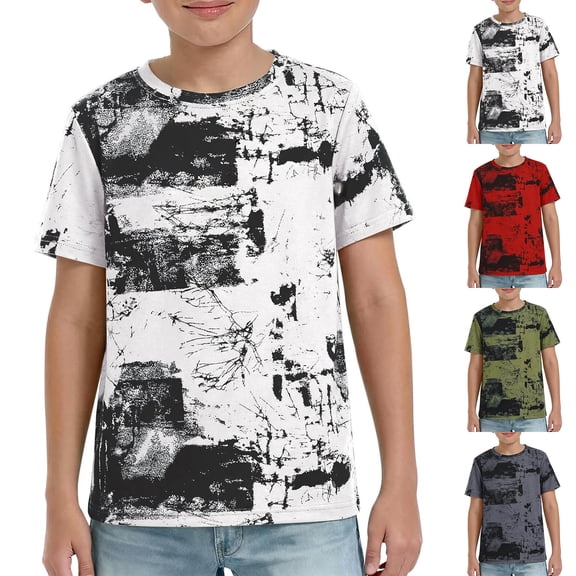 Gelikeya Boys Abstract Graffiti Print T-Shirt, Kids Short Sleeve Crew Neck Casual Tee, Cool Streetwear Top for School Play & Outings (Army Green, 4-5 Years)