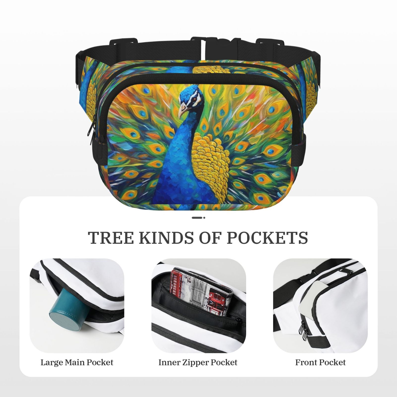 Picia Peacocks Print Square Double-Layer Waist Bag Mini Adjustable Waist Belt Bag Exercise Running Travel Hiking