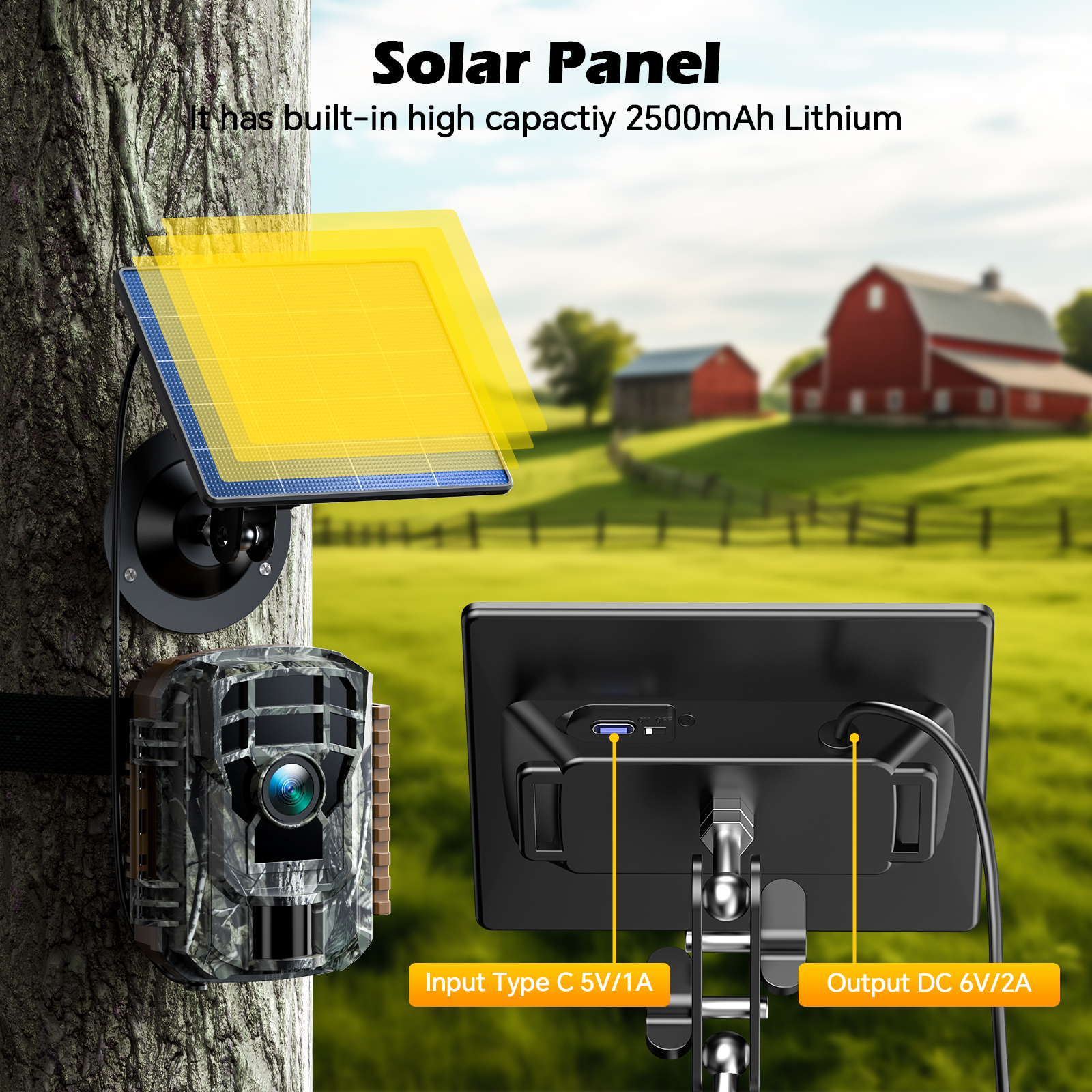 CAMPARK Trail Camera, 36MP 2K Hunting Camera with 2500mAh Solar Panel Night Vision Motion Activated IP66 Waterproof, 120° Wide-Angle Trail Cam for Wildlife Scouting