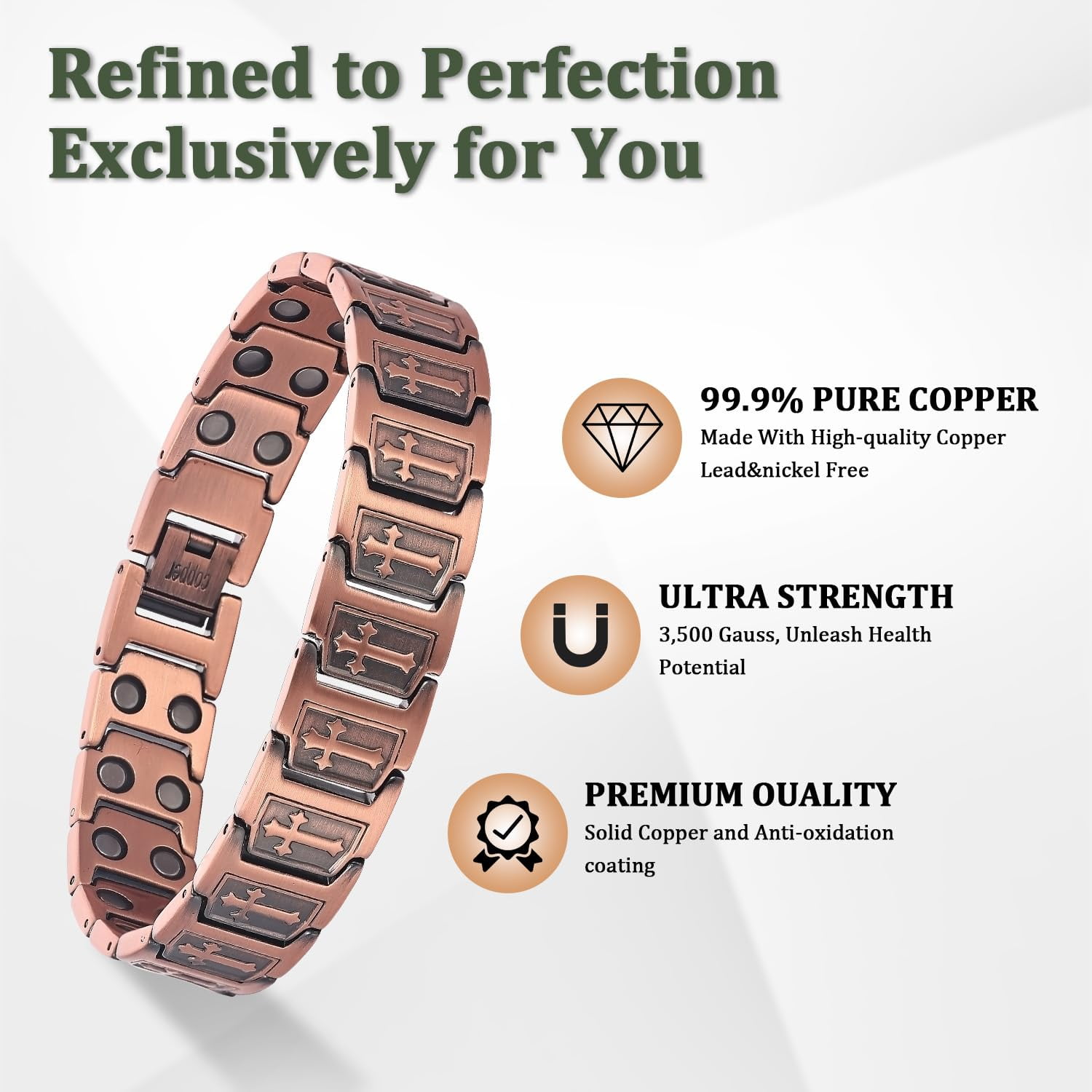 Wollet Copper Magnetic Bracelet Ring Set for Men, Adjustable Cross，99.99% Pure Copper Jewelry Gift for Dad