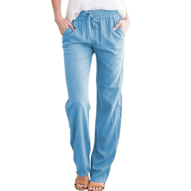 Pantalones sueltos casuales de lino de algodón Sonducket Azul claro 3XL