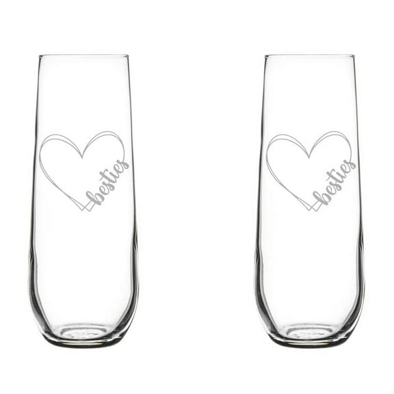 Set of 2 Glass Champagne Flutes Sparkling Wine Glasses Gift Double Heart Besties Best Friend (8.5 oz Stemless)