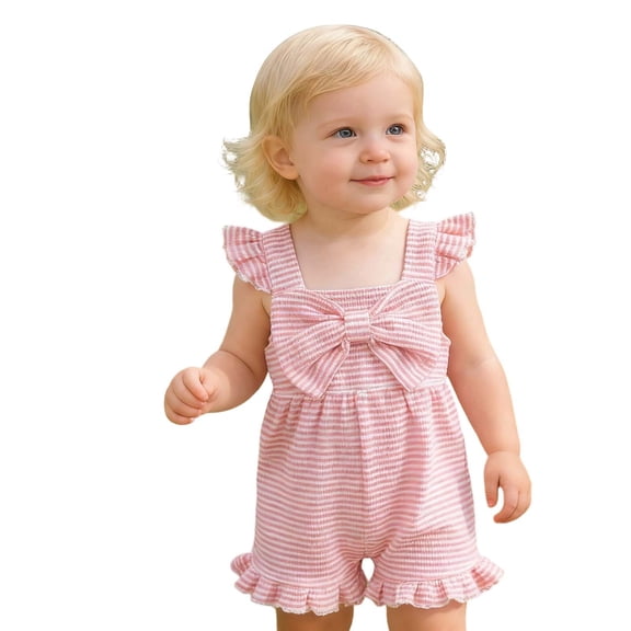 Girls Romper With Bow Flutter Sleeves Striped Jumpsuit Toddler Clothes