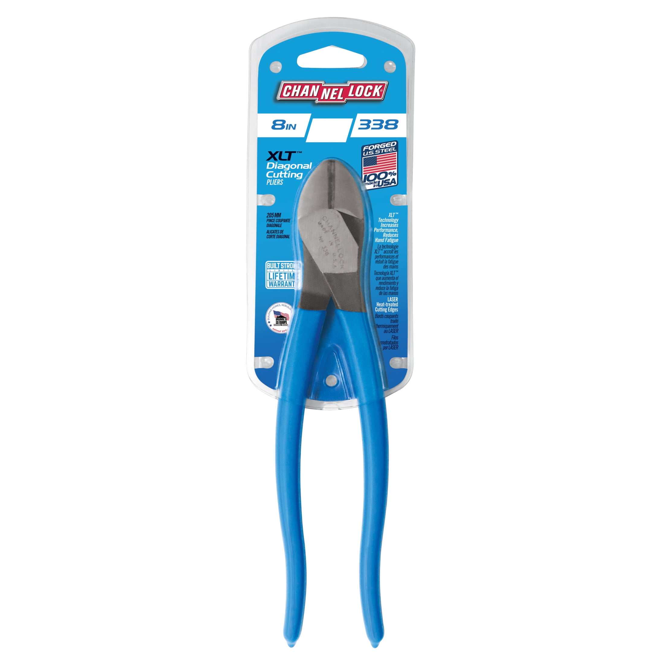 CHANNELLOCK 8-inch XLT High Leverage Diagonal Cutting Pliers, Knife and Anvil Style Cutting Edge, Made in USA (338)