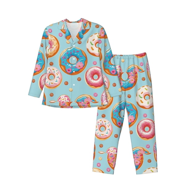 Fotbe Colorful Donut Pijama de Hombre con Estampado de Manga Larga, Conjunto de 2 Piezas, Ropa de Dormir Suave y Cómoda con Bolsillos-XX-Large