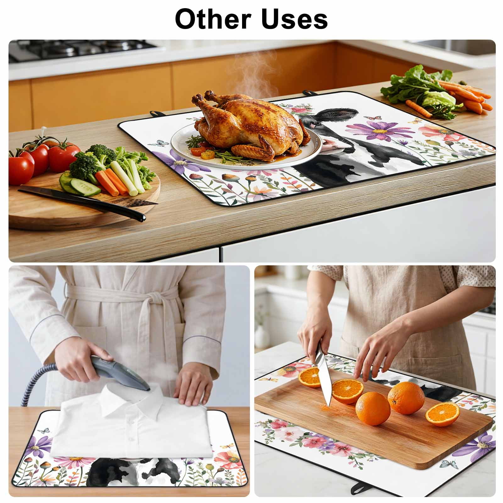 Flowers Cow Stove Top Cover for Electric Stove, Heat-proof & Non Slip Glass Top Stove Cover Protector, Spring Botanical Floral Plants Butterfly Kitchen Flat Cooktop Rubber Mat 24x21 Inches