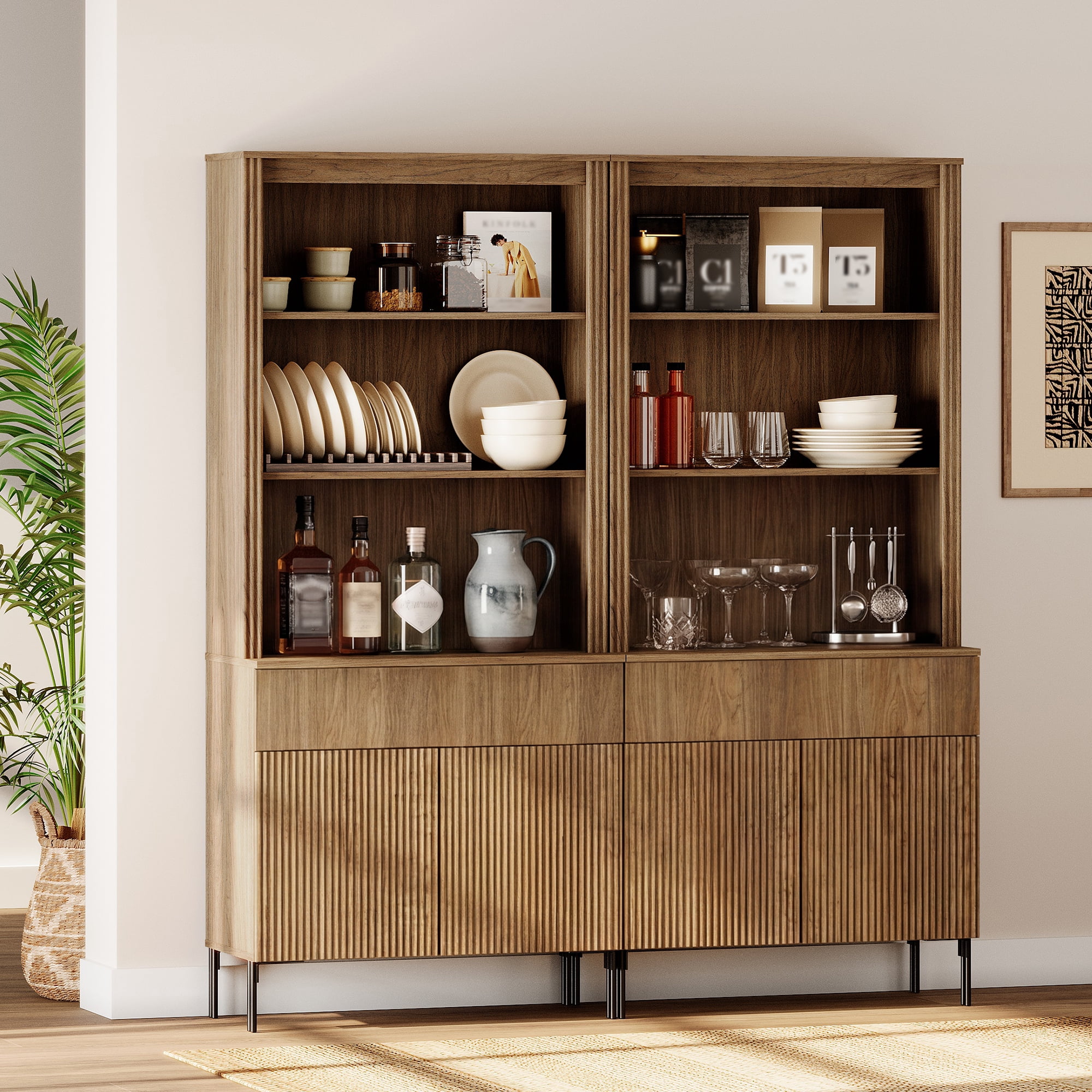 63"W Fluted Kitchen Hutch Sideboard with Adjustable Shelves, Wooden Modern 10-Tier Buffet Hutch Cabinet with 4 Doors And 2 Drawers